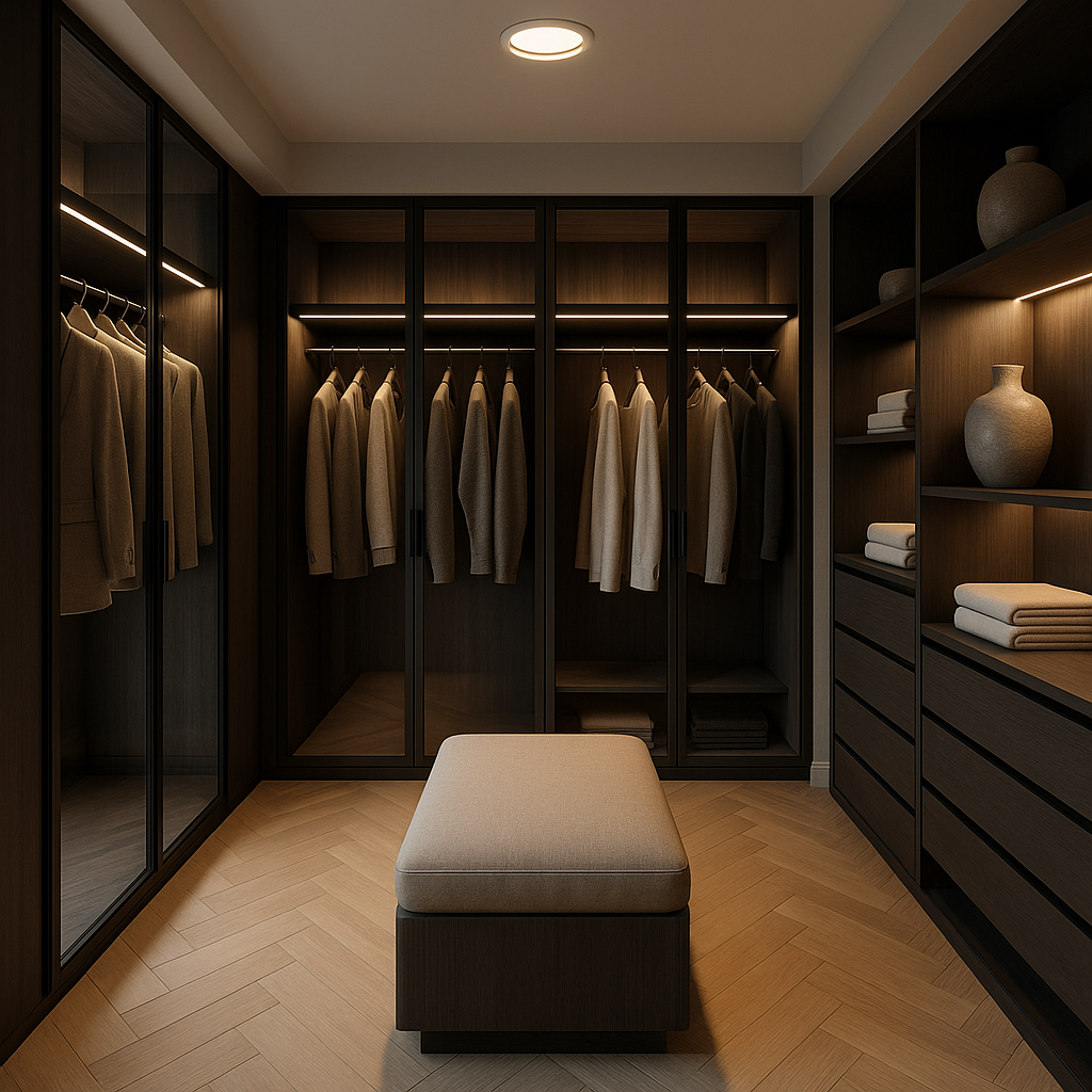 Vestidor personalizado con iluminación y madera natural